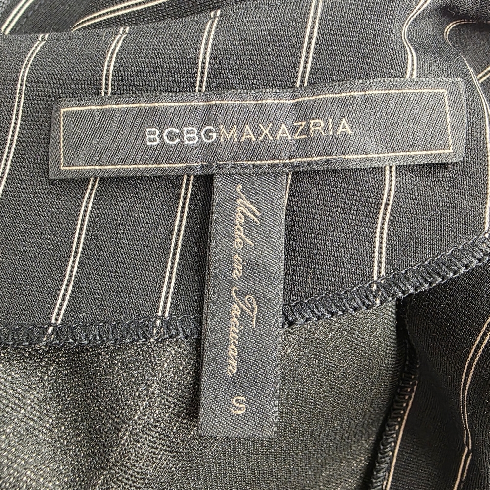 BCBGMaxAzria Pinstripe Faux Wrap Sheath Dress Size Small Belted Black B-2114 - Picture 3 of 6